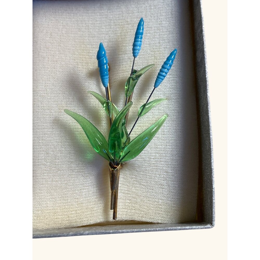 Vintage  Flower Brooch Pin In Green and Blue With Gold Metal Accents